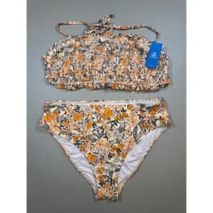NWT Cupshe Smocked Floral Bikini Size Large High Waist Ruffle Swimsuit